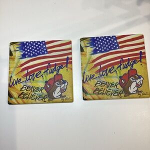 Buc-ee’s Ceramic Drink Coasters Set 2 Cork Backing Beaver Believer Collectible